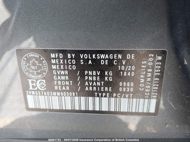 2021 Volkswagen Golf მანქანა იყიდება აუქციონზე, vin: 3VWG57AU3MM003081, აუქციონის ნომერი: 40081753