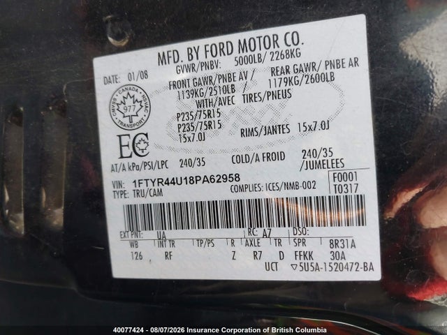 40077424 :رقم المزاد ، 1FTYR44U18PA62958 vin ، 2008 Ford Ranger Super Cab مزاد بيع