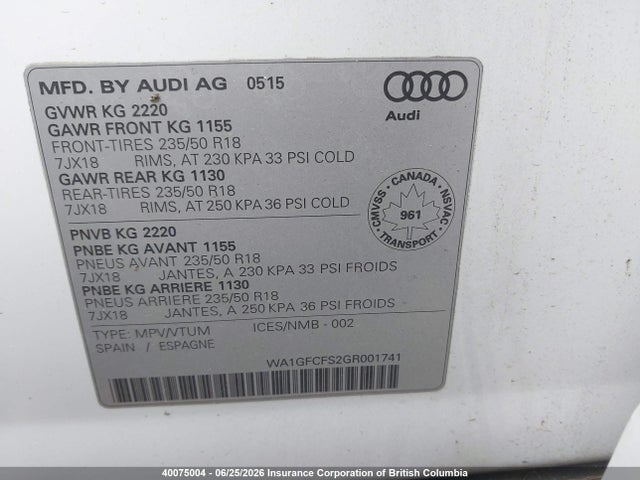 40075004 :رقم المزاد ، WA1GFCFS2GR001741 vin ، 2016 Audi Q3 Prestige مزاد بيع