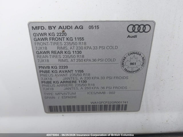 40075004 :رقم المزاد ، WA1GFCFS2GR001741 vin ، 2016 Audi Q3 Prestige مزاد بيع
