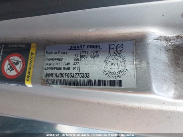 Aukcja sprzedaży 2006 Smart Fortwo Passion/pulse/pure, vin: WMEAJ00F66J275303, numer aukcji: 40081772