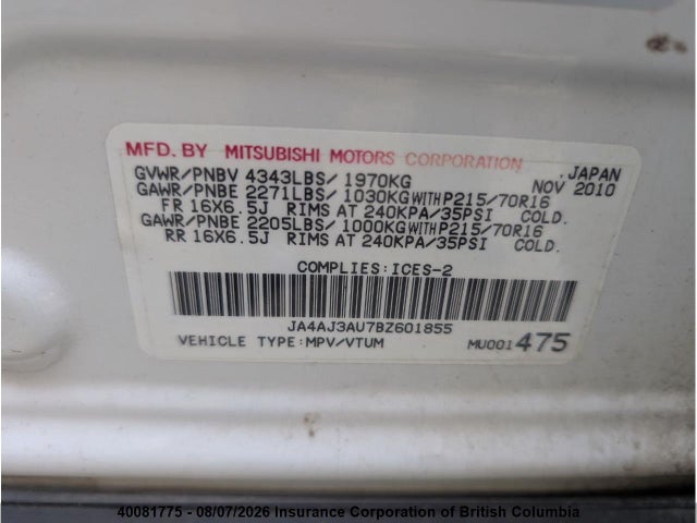 Продаж на аукціоні авто 2011 Mitsubishi Rvr, vin: JA4AJ3AU7BZ601855, номер лоту: 40081775