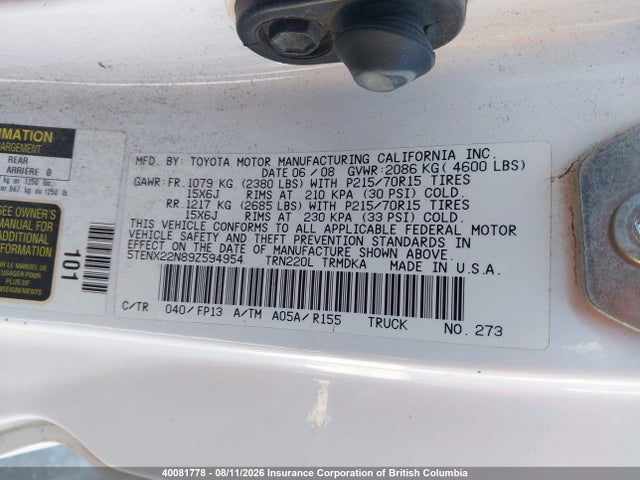 40081778 :رقم المزاد ، 5TENX22N89Z594954 vin ، 2009 Toyota Tacoma مزاد بيع