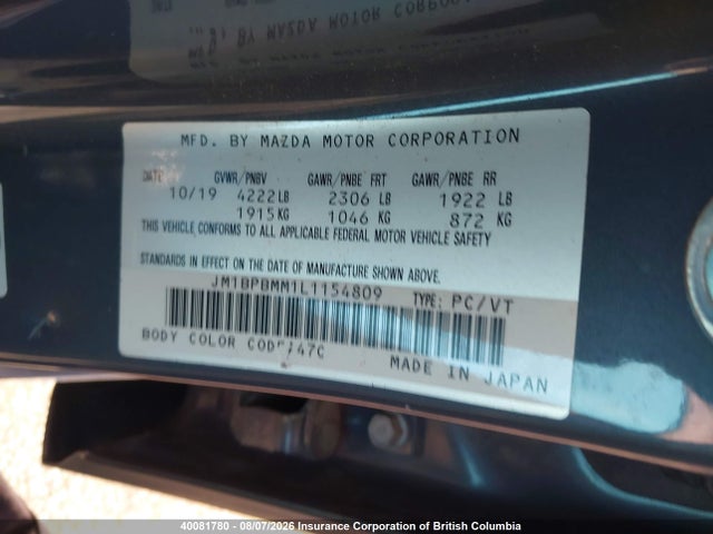 Продажа на аукционе авто 2020 Mazda 3 Preferred, vin: JM1BPBMM1L1154809, номер лота: 40081780