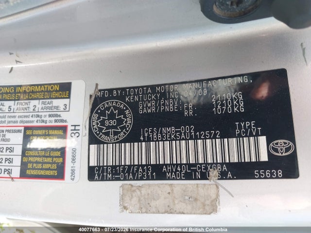 40077663 :رقم المزاد ، 4T1BB3EK5AU112572 vin ، 2010 Toyota Camry Hybrid مزاد بيع