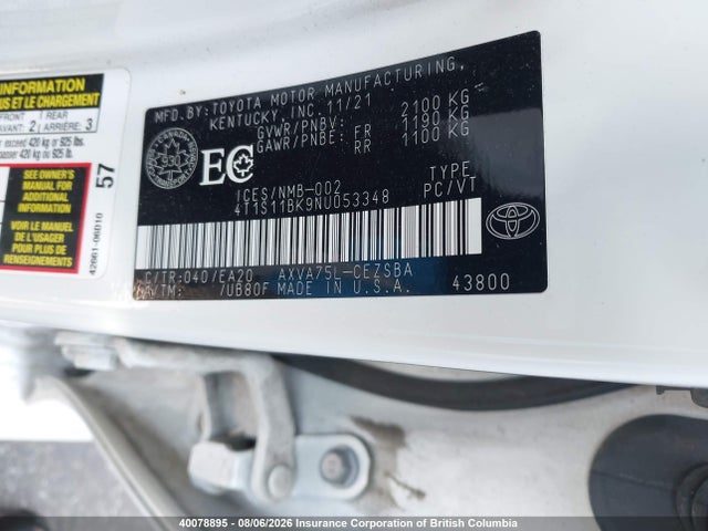 Aukcja sprzedaży 2022 Toyota Camry Se/night Shade, vin: 4T1S11BK9NU053348, numer aukcji: 40078895