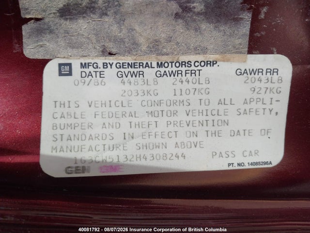 40081792 :رقم المزاد ، 1G3CW5132H4308244 vin ، 1987 Oldsmobile 98 Regency Brougham مزاد بيع