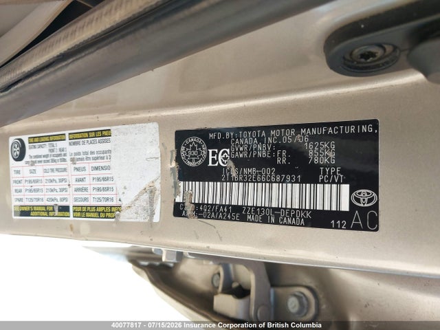 40077817 :رقم المزاد ، 2T1BR32E66C687931 vin ، 2006 Toyota Corolla Ce/le/s مزاد بيع
