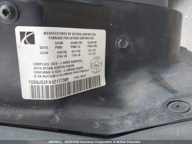 Продажа на аукционе авто 2004 Saturn Ion Level 2, vin: 1G8AJ52FX4Z177389, номер лота: 40070912