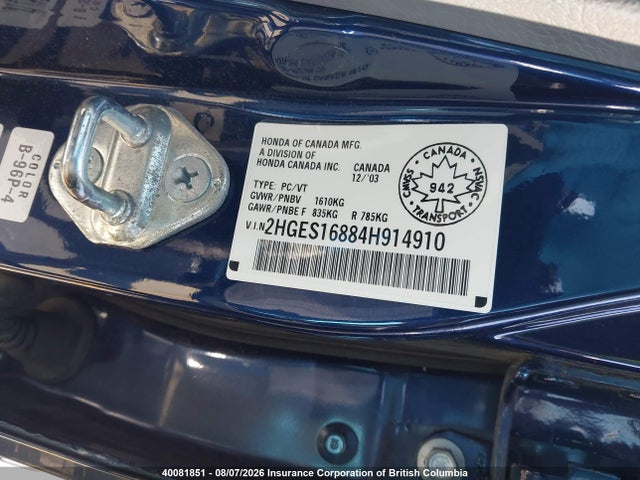 Aukcja sprzedaży 2004 Honda Civic, vin: 2HGES16884H914910, numer aukcji: 40081851
