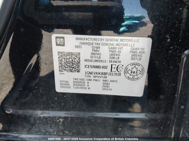 40081856 :رقم المزاد ، 1GNEVKKW8PJ317038 vin ، 2023 Chevrolet Traverse Premier مزاد بيع