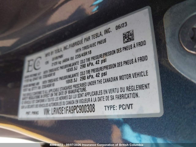 40081872 :رقم المزاد ، LRW3E1FA9PC900308 vin ، 2023 Tesla Model 3 مزاد بيع