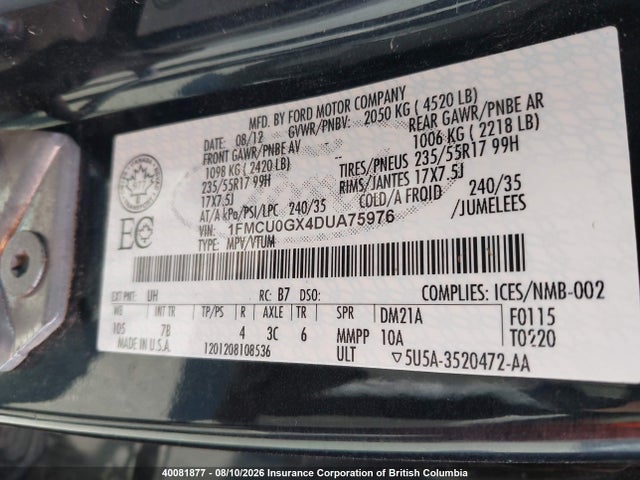 40081877 :رقم المزاد ، 1FMCU0GX4DUA75976 vin ، 2013 Ford Escape Se مزاد بيع