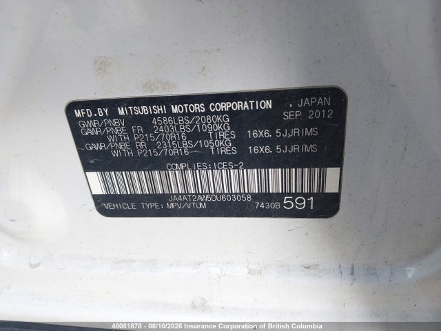 40081878 :رقم المزاد ، JA4AT2AW5DU603058 vin ، 2013 Mitsubishi Outlander Es مزاد بيع