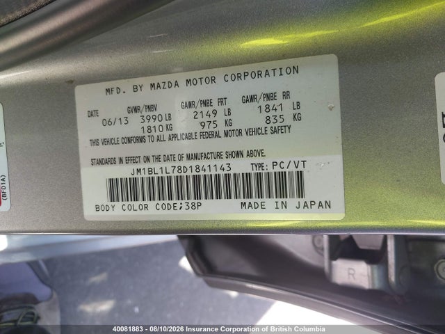 40081883 :رقم المزاد ، JM1BL1L78D1841143 vin ، 2013 Mazda 3 I مزاد بيع