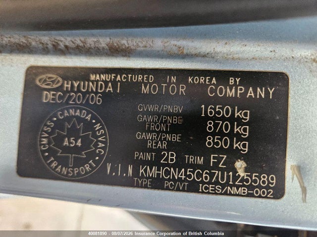 Aukcja sprzedaży 2007 Hyundai Accent Gls, vin: KMHCN45C67U125589, numer aukcji: 40081890