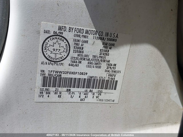 1999 Ford F350 Super Duty მანქანა იყიდება აუქციონზე, vin: 1FTWW33F0XEF10839, აუქციონის ნომერი: 40027153