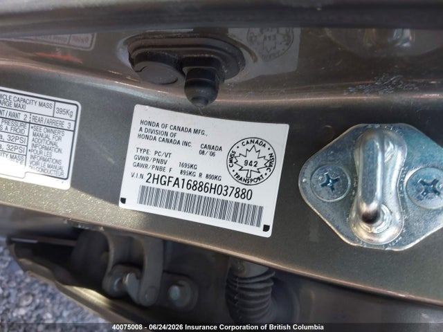 40075008 :رقم المزاد ، 2HGFA16886H037880 vin ، 2006 Honda Civic Ex مزاد بيع