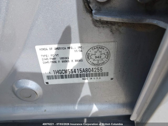 40076221 :رقم المزاد ، 1HGCM55415A804255 vin ، 2005 Honda Accord Lx مزاد بيع