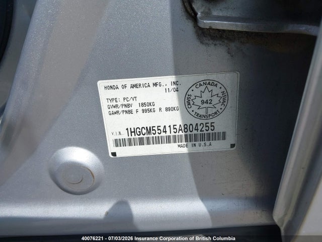 40076221 :رقم المزاد ، 1HGCM55415A804255 vin ، 2005 Honda Accord Lx مزاد بيع