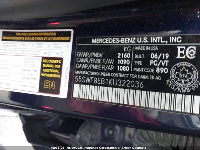 40075723 :رقم المزاد ، 55SWF8EB1KU322036 vin ، 2019 Mercedes-benz C 300 4matic مزاد بيع