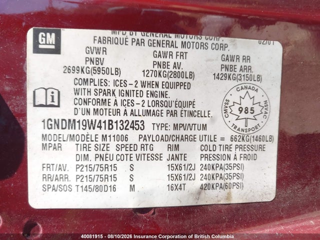 2001 Chevrolet Astro მანქანა იყიდება აუქციონზე, vin: 1GNDM19W41B132453, აუქციონის ნომერი: 40081915