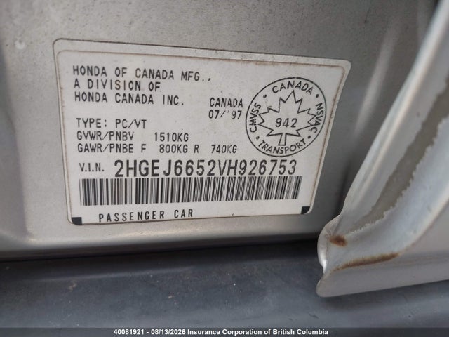 40081921 :رقم المزاد ، 2HGEJ6652VH926753 vin ، 1997 Honda Civic مزاد بيع
