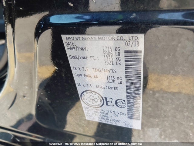 Auction sale of the 2019 Infiniti Qx60, vin: 5N1DL0MM6KC555506, lot number: 40081931