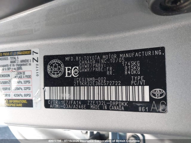 2006 Toyota Corolla Matrix Xr მანქანა იყიდება აუქციონზე, vin: 2T1KR32E36C572722, აუქციონის ნომერი: 40077795
