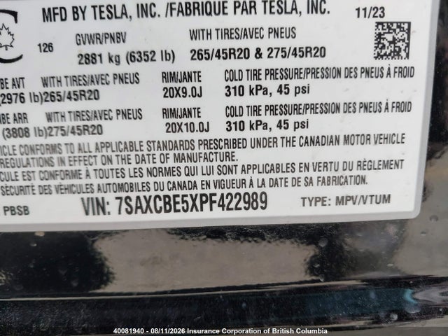 Продаж на аукціоні авто 2023 Tesla Model X Awd/standard Range, vin: 7SAXCBE5XPF422989, номер лоту: 40081940