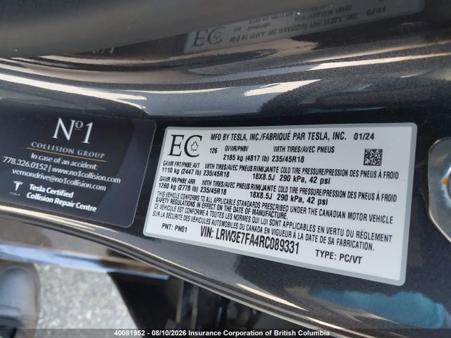 Продаж на аукціоні авто 2024 Tesla Model 3, vin: LRW3E7FA4RC089331, номер лоту: 40081952