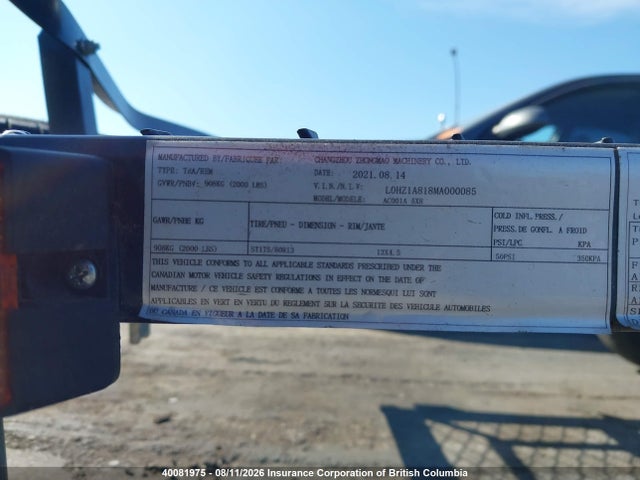 40081975 :رقم المزاد ، L0HZ1A818MA000085 vin ، 2021 Changzhou Zhongmao Machinery Co. Ltd Ac001a 5x8 مزاد بيع