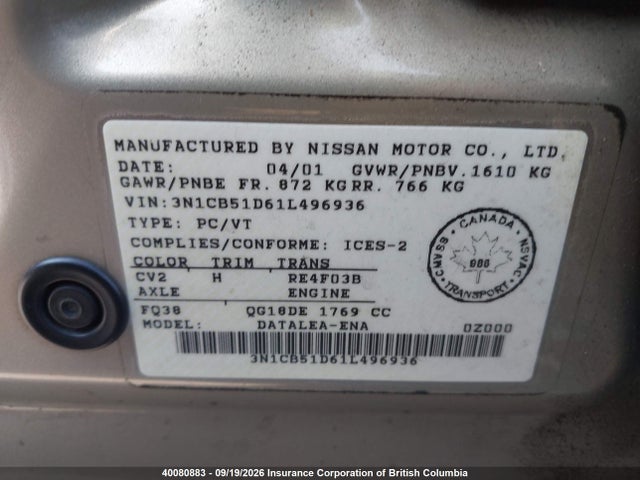 Auction sale of the 2001 Nissan Sentra Xe/gxe, vin: 3N1CB51D61L496936, lot number: 40080883