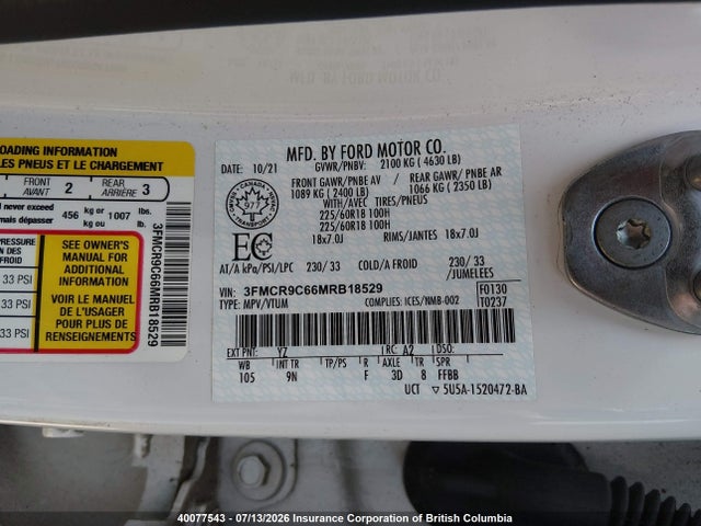 2021 Ford Bronco Sport Outer Banks მანქანა იყიდება აუქციონზე, vin: 3FMCR9C66MRB18529, აუქციონის ნომერი: 40077543