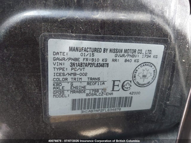 Auction sale of the 2015 Nissan Sentra S/sv/sr/sl, vin: 3N1AB7AP2FL634878, lot number: 40076678