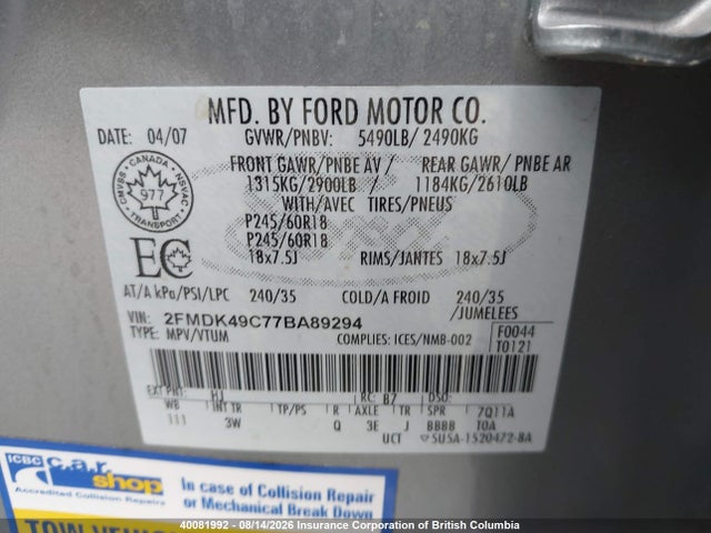 Aukcja sprzedaży 2007 Ford Edge, vin: 2FMDK49C77BA89294, numer aukcji: 40081992
