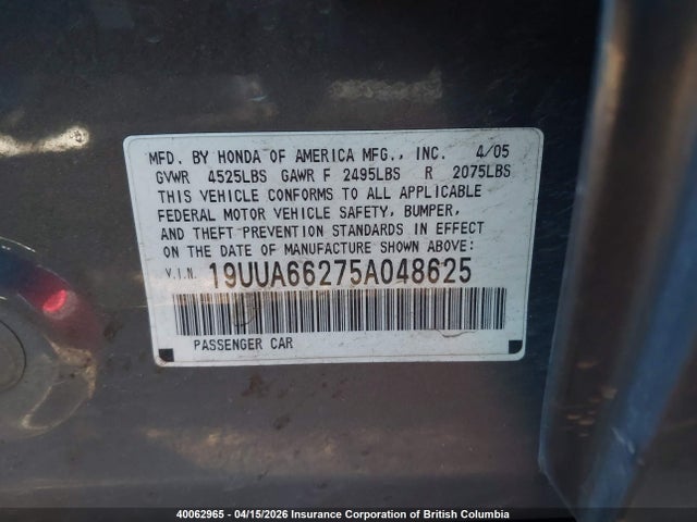 Продажа на аукционе авто 2005 Acura Tl, vin: 19UUA66275A048625, номер лота: 40062965