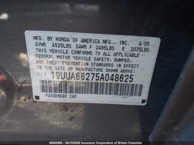 Продажа на аукционе авто 2005 Acura Tl, vin: 19UUA66275A048625, номер лота: 40062965