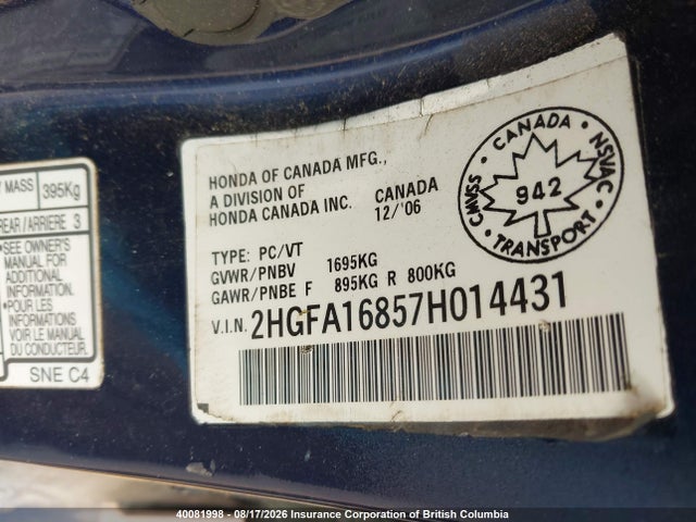 40081998 :رقم المزاد ، 2HGFA16857H014431 vin ، 2007 Honda Civic مزاد بيع