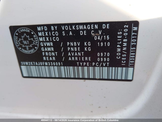 2015 Volkswagen Jetta S მანქანა იყიდება აუქციონზე, vin: 3VW2K7AJ0FM336091, აუქციონის ნომერი: 40044112