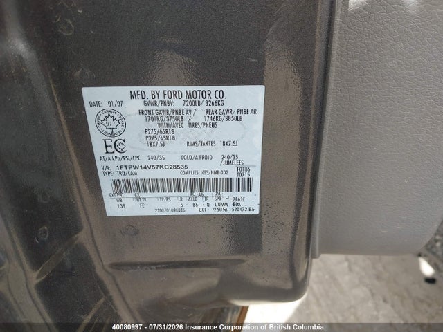 Aukcja sprzedaży 2007 Ford F150 Supercrew, vin: 1FTPW14V57KC28535, numer aukcji: 40080997