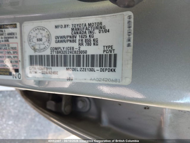 Auction sale of the 2004 Toyota Corolla Ce/le/s, vin: 2T1BR32E24C823050, lot number: 40082007