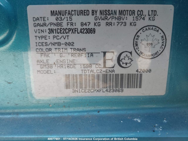 Auction sale of the 2015 Nissan Versa Note S/s Plus/sv/sl/sr, vin: 3N1CE2CPXFL423069, lot number: 40077651