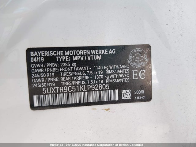 Aukcja sprzedaży 2019 Bmw X3 Xdrive30i, vin: 5UXTR9C51KLP92805, numer aukcji: 40078152
