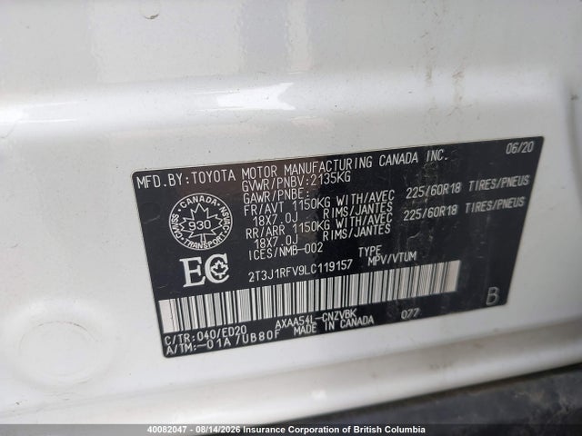Продаж на аукціоні авто 2020 Toyota Rav4, vin: 2T3J1RFV9LC119157, номер лоту: 40082047