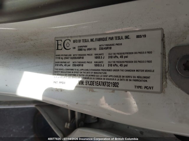 40077825 :رقم المزاد ، 5YJ3E1EA7KF321902 vin ، 2019 Tesla Model 3 مزاد بيع
