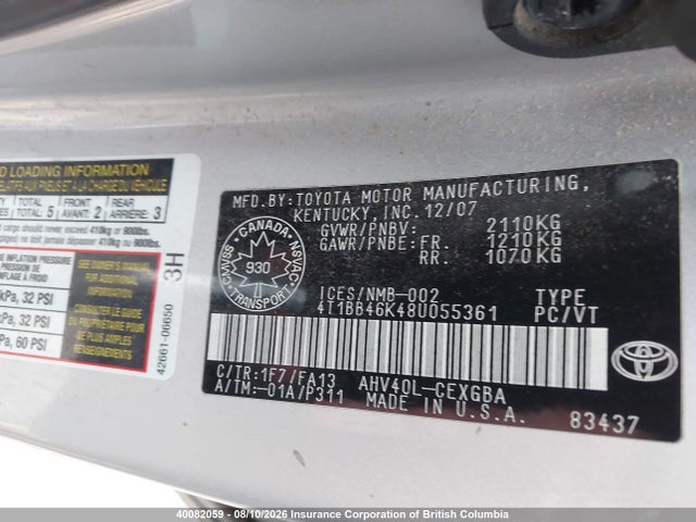 Продажа на аукционе авто 2008 Toyota Camry, vin: 4T1BB46K48U055361, номер лота: 40082059