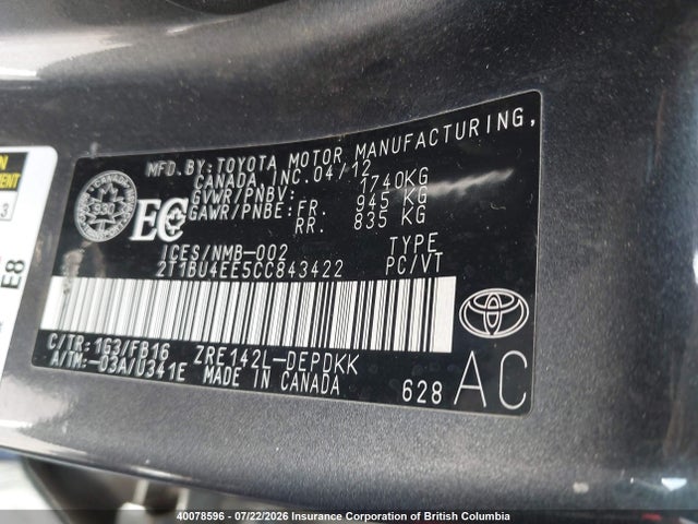 Aukcja sprzedaży 2012 Toyota Corolla Ce, vin: 2T1BU4EE5CC843422, numer aukcji: 40078596