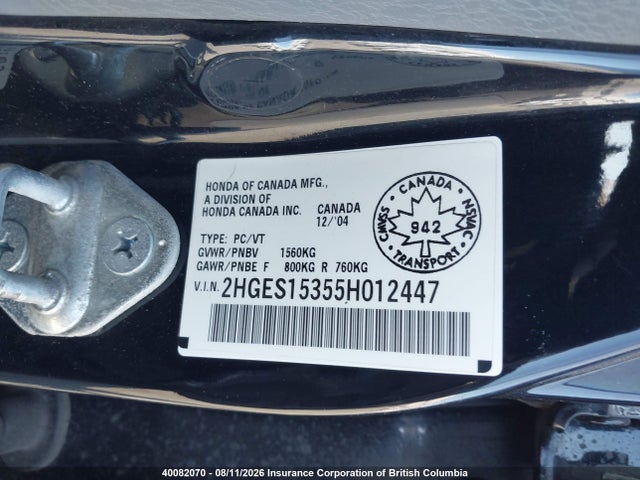 Aukcja sprzedaży 2005 Honda Civic, vin: 2HGES15355H012447, numer aukcji: 40082070