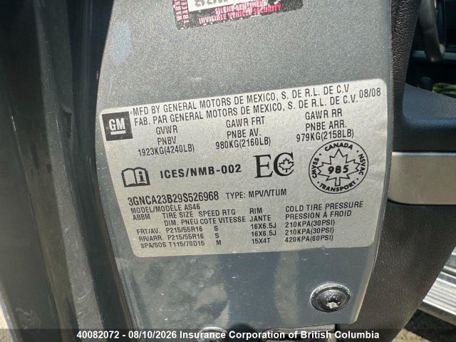2009 Chevrolet Hhr მანქანა იყიდება აუქციონზე, vin: 3GNCA23B29S526968, აუქციონის ნომერი: 40082072
